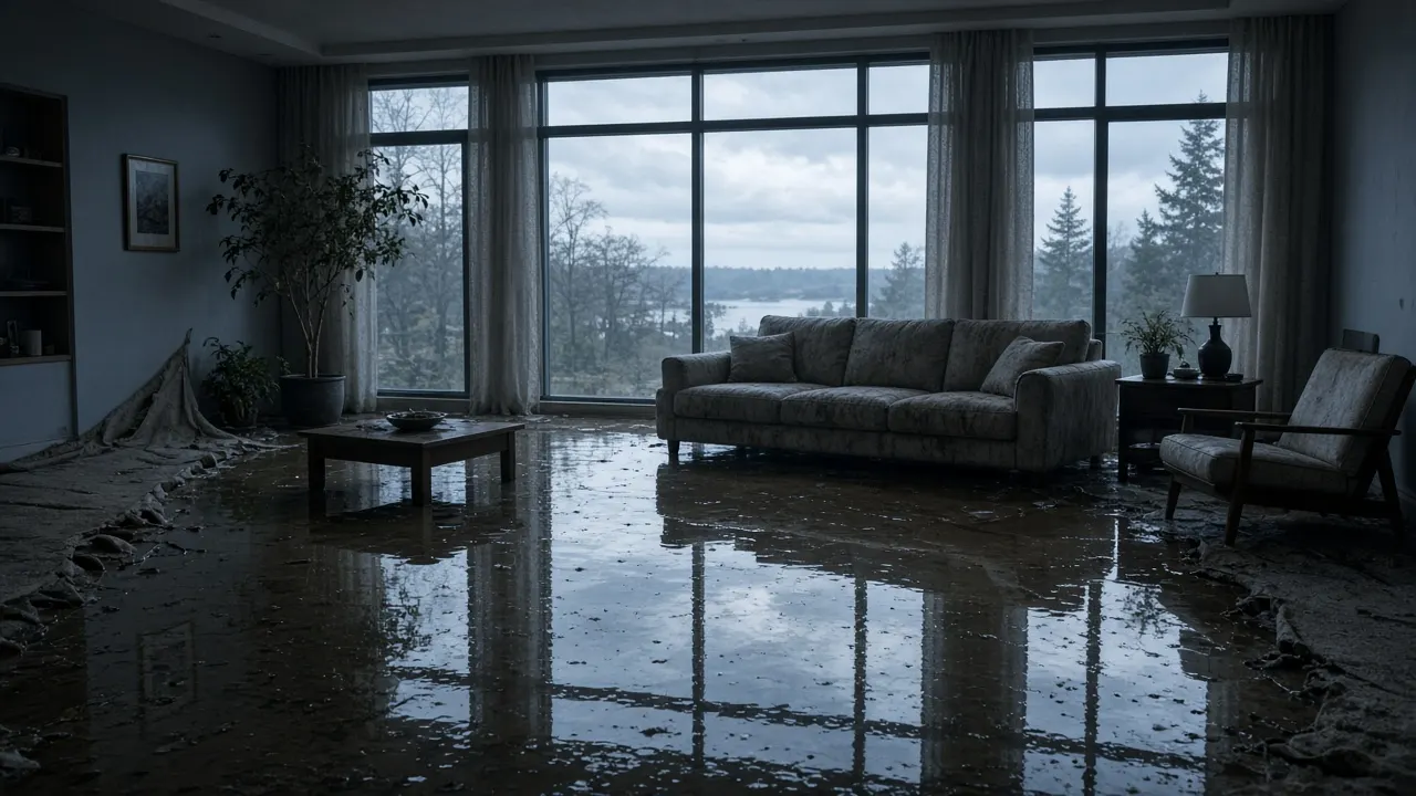Flooded living room after a water loss